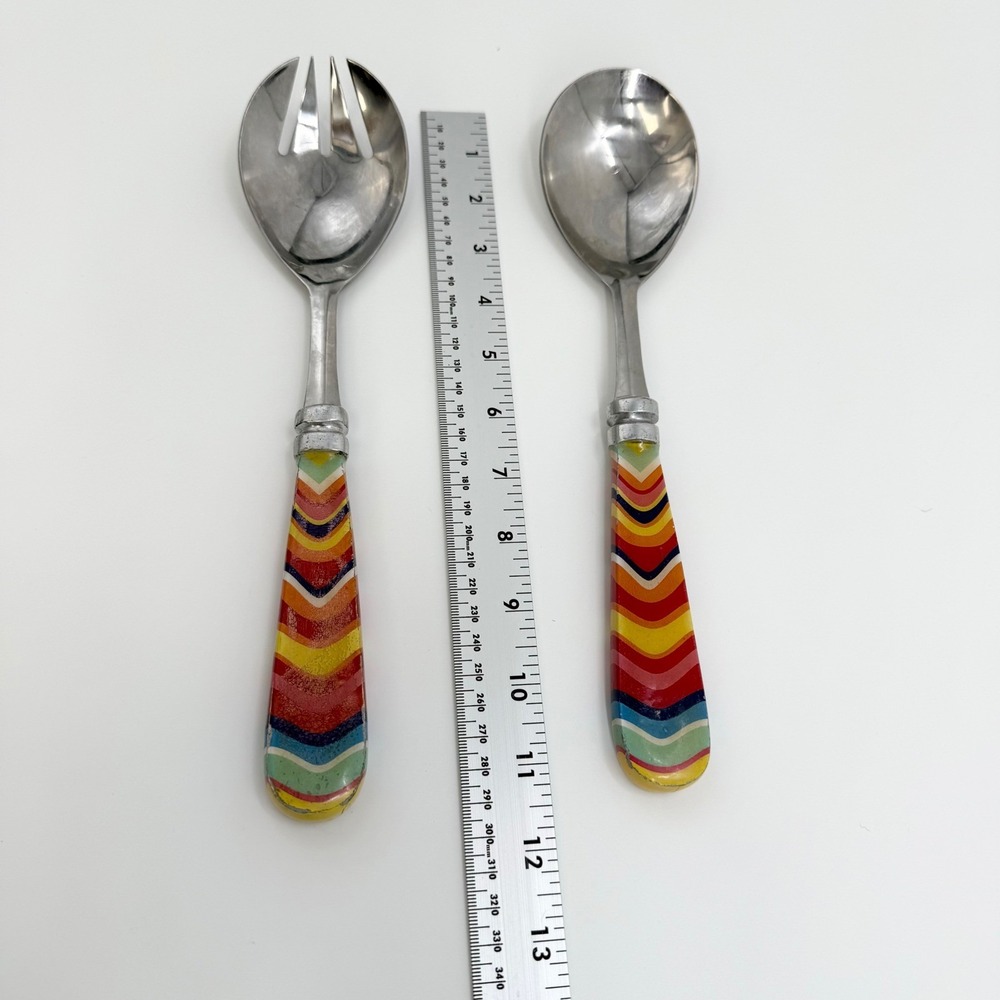 Rare Fiestawear Stainless Two Piece‎ Rainbow Chevron Salad Server Fork Spoon Set - Picture 8 of 8